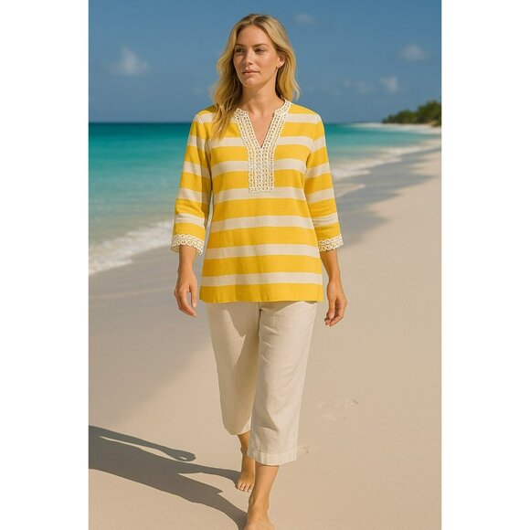 Charter Club Luxury Women Blouse Size Med Yellow White Stripes 100% Linen V Neck - Picture 1 of 10